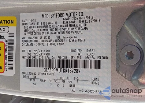 2019 Ford Fusion Hybrid Sel из США, поврежденный, VIN 3FA6P0MU1KR137282